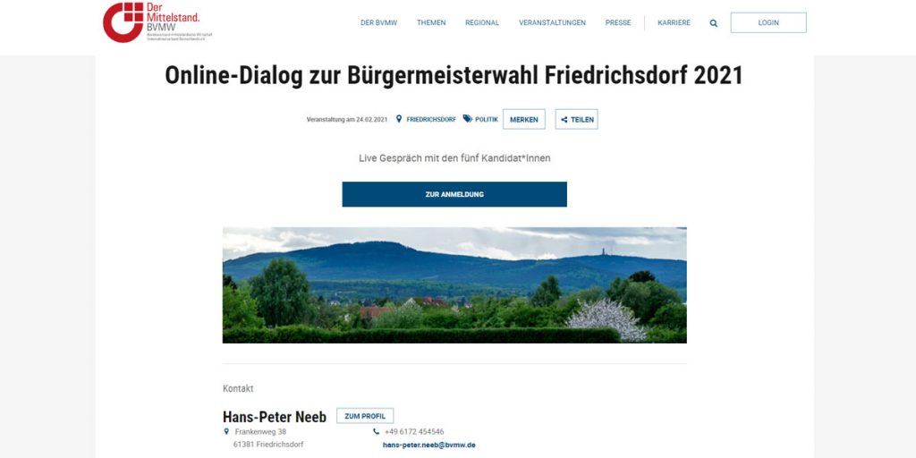 Screenshot Event "Online-Dialog zur Bürgermeisterwahl Friedrichsdorf 2021" BVMW Webseite